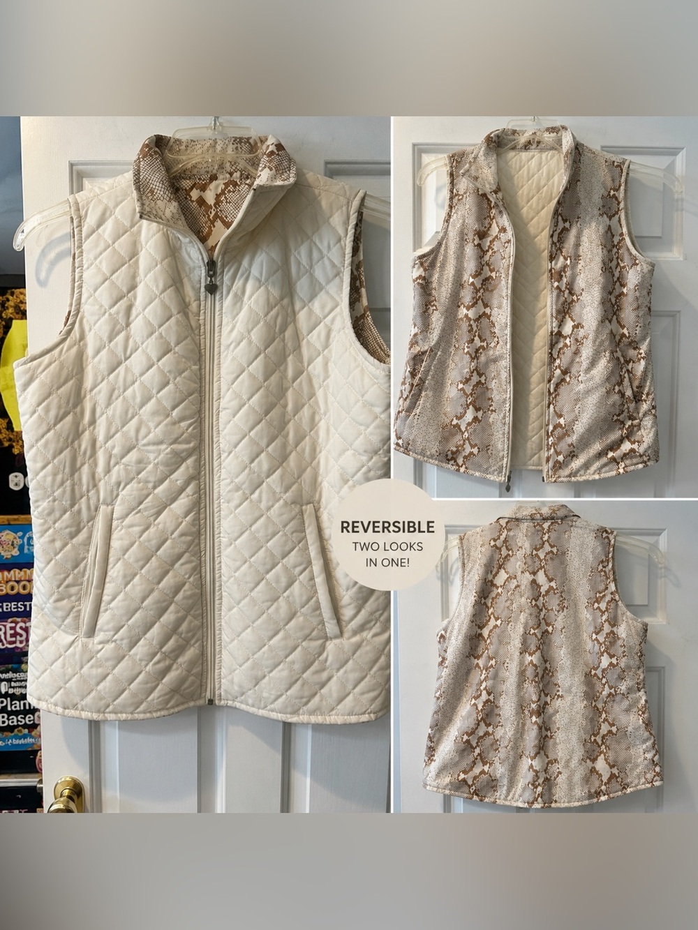 Reversible Quilted Vest with Snake-Print Reverser - Cream/Tan size M